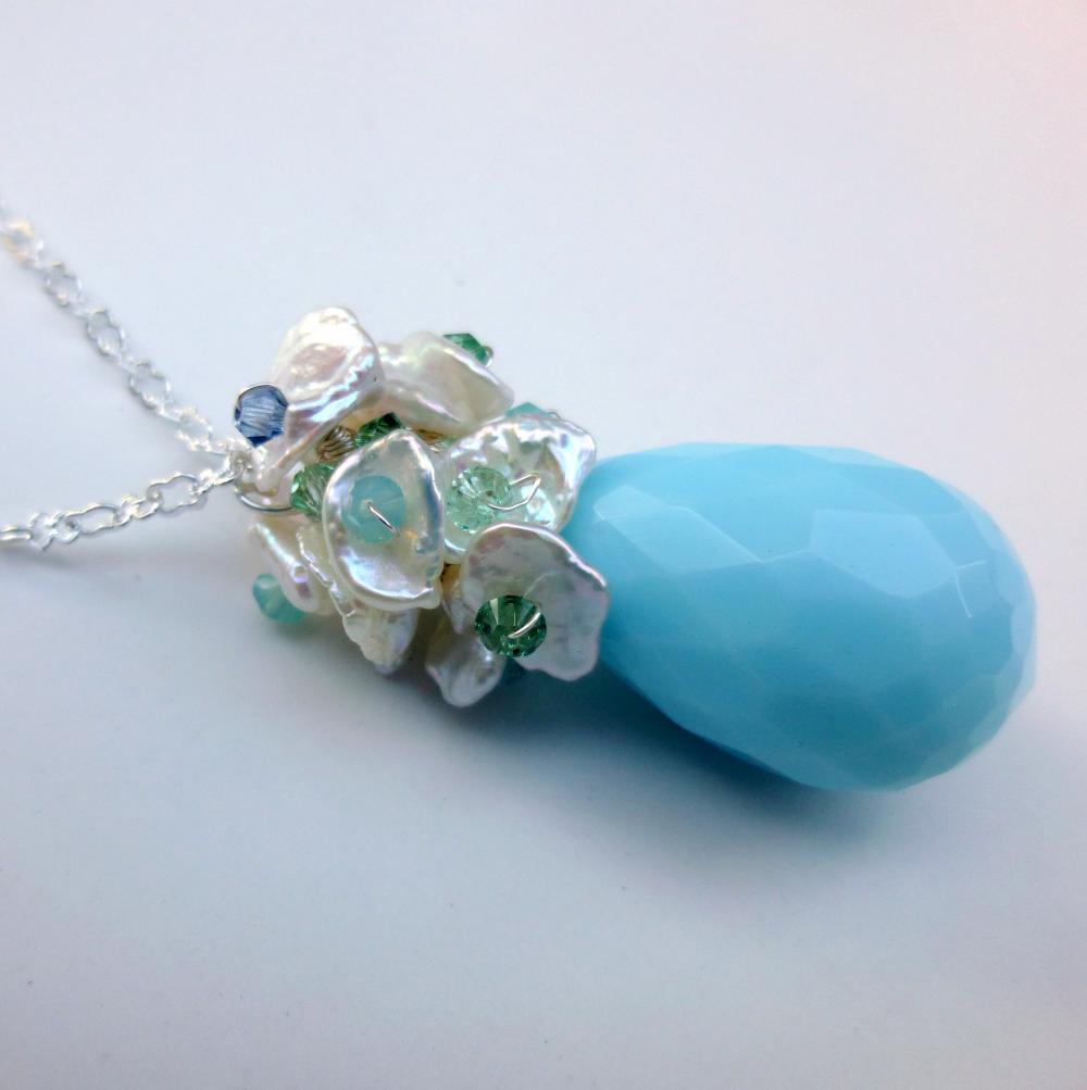 Faceted Sky Blue Glass Teardrop Keishi Pearl Swarovski Crystal Necklace Silver Chain